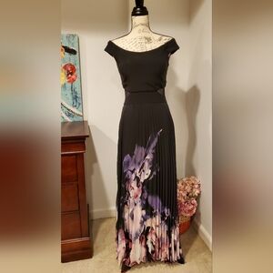 X SCAPE Black Women's Off-The Shoulder, Plaid Skirt W-Purple Flower Print,Size 6